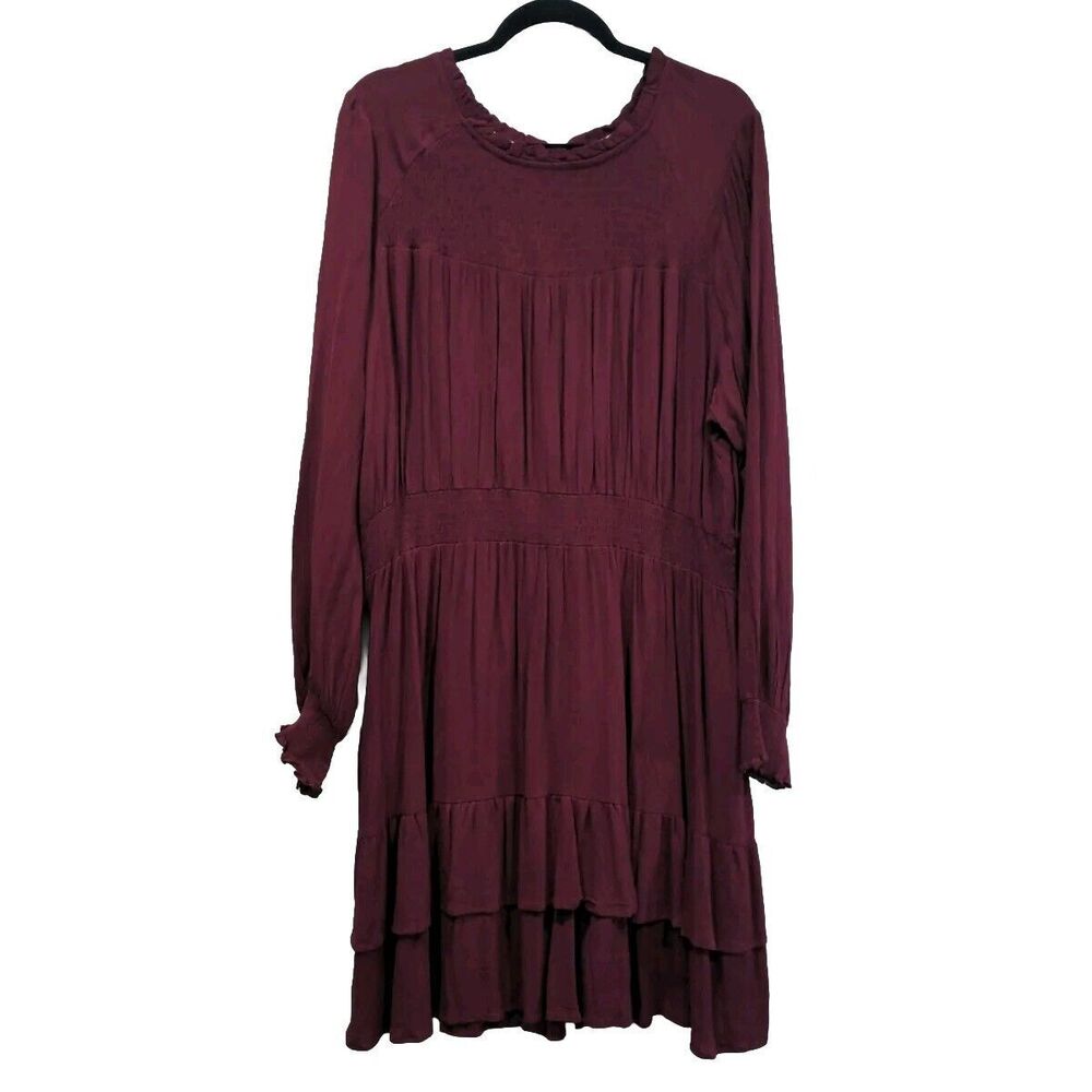 Knox Rose Womens Antique Berry Tiered LS Dress Size XXL Burgundy Smocked Prairie